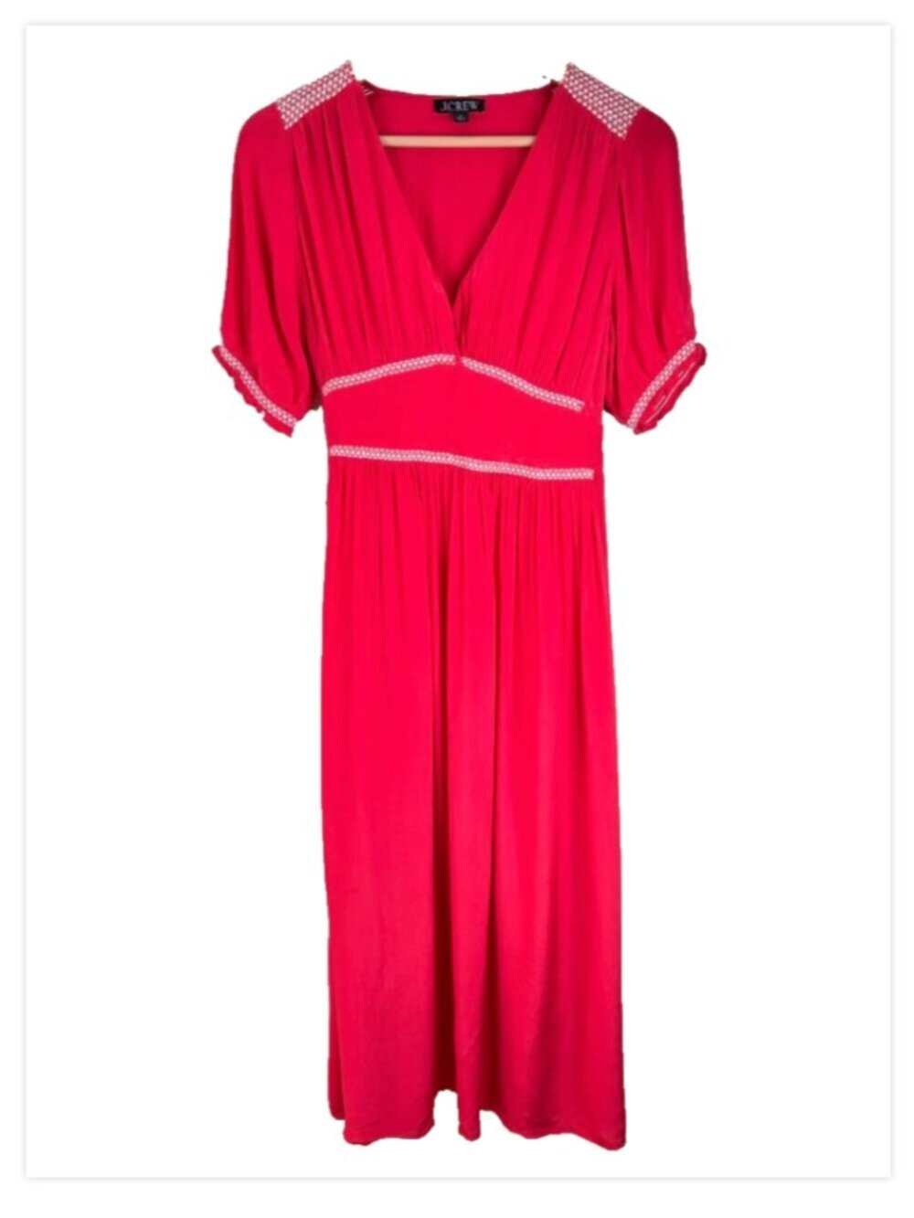 J.Crew Smocked Midi Dress 8 Crepe de Chine Red Peasant Prairie Milkmaid Preppy - Picture 4 of 13